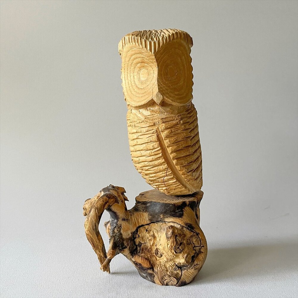 Vintage Hand Carved Wood Owl Sculpture Burl Base by Norman Peterson Signed